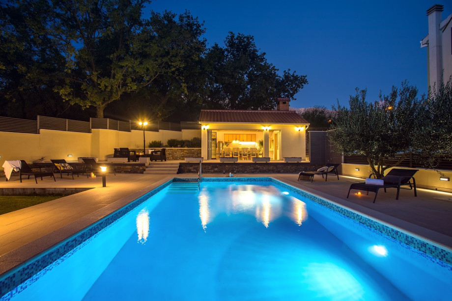 Spacious complete fenced outdoor area by night with great lights