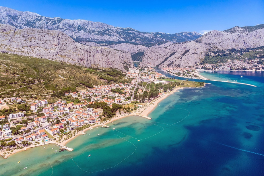 Canyon of river Cetina, town Omiš, and sandy beaches in Duće