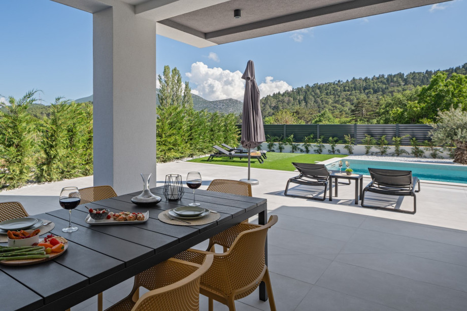 a covered dining area with a barbecue (wood and charcoal)