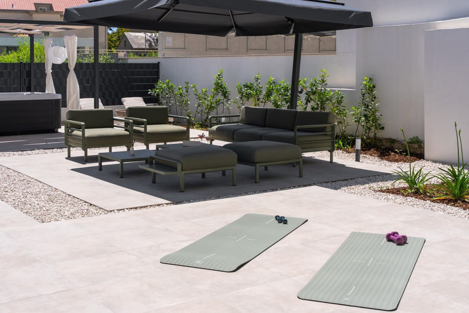 Unwind with a refreshing yoga session or light workout using the provided mats and weights.