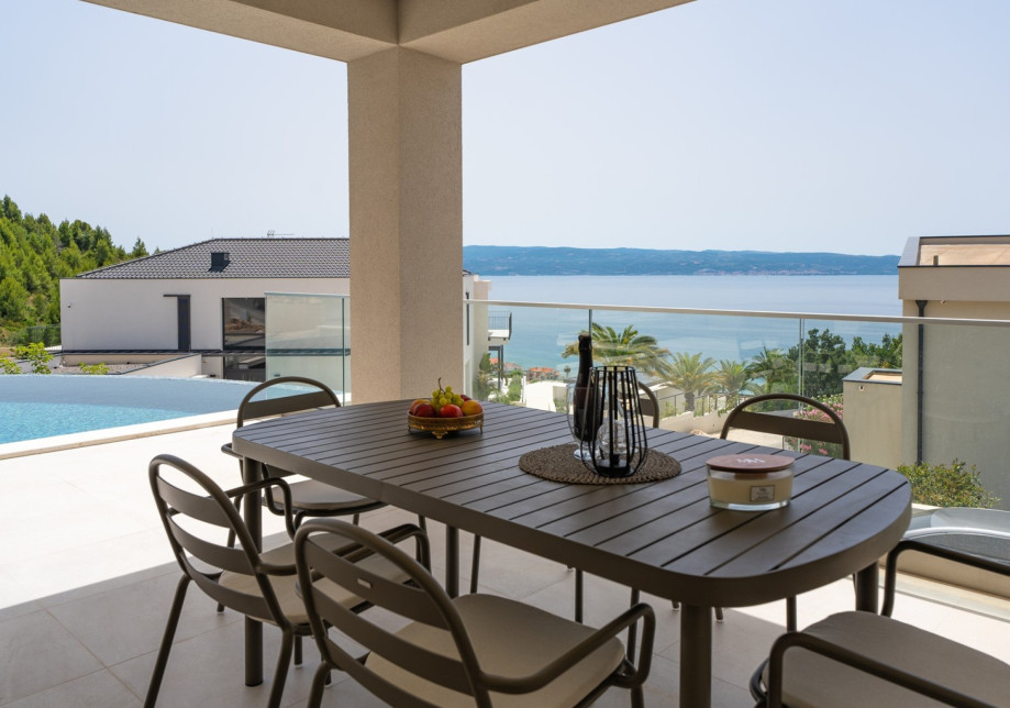 Covered dining area for 8 people, and a kitchenette with a gas barbecue