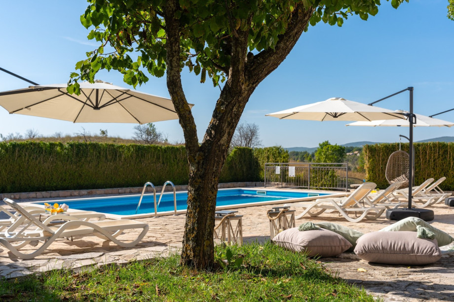 Peaceful outdoor space with a swimming pool, surrounded by lounge chairs and umbrellas providing shade