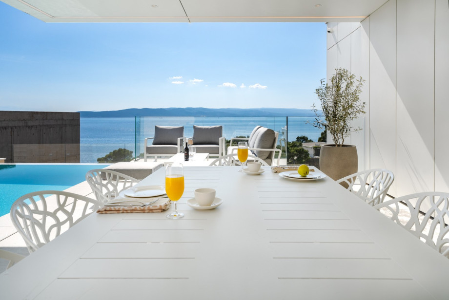 An outdoor dining area with a barbecue (gas), approachable directly from the kitchen